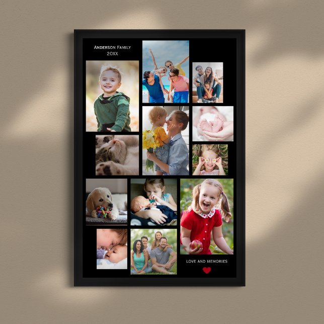 12 Photo Family Memory Collage with Heart on Black Poster (Creator Uploaded)
