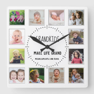 12 Photo Grandkids Make Life Grand Quote White Square Wall Clock