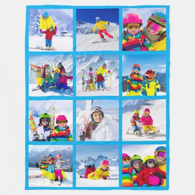 12 Photo Grid Collage Azure Fleece Blanket (Front)