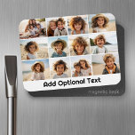 12 Photo Grid Collage - White - Mod Type Black Magnet<br><div class="desc">A simple photo grid with 3 rows and 4 columns of photos. 6 Photos are square, and the remaining 6 photos are horizontal/landscape. The design is modern and minimal and includes a simple, retro-looking font to add text at the bottom. Make personalized vacation magnets or a make a gift that...</div>