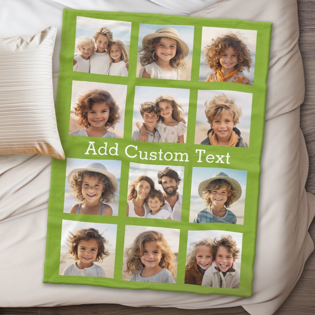 12 Photo Instagram Collage Lime Green Background Fleece Blanket (12 Photo personalized blanket)
