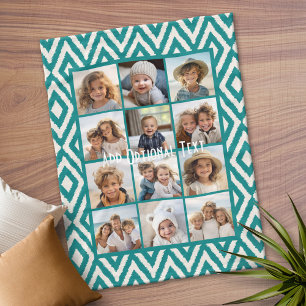12 Photo Instagram Collage with Teal Ikat Pattern Fleece Blanket