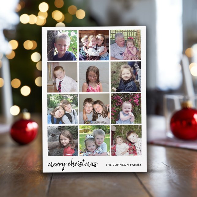 12 Photo Merry Christmas Black Gingham Minimalist Holiday Card (12 Photo Online Christmas Card with minimal design on the front)