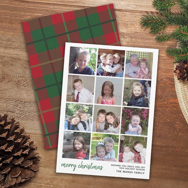 12 Photo Merry Christmas with  red green plaid Holiday Card (Creator Uploaded)