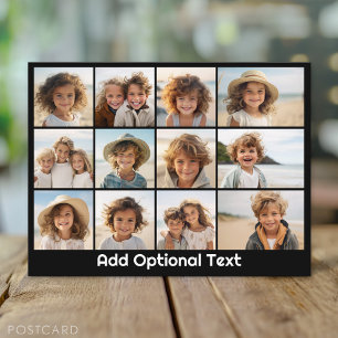 12 Photo Modern Collage with Optional Text - Black Postcard