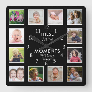 12 Photo Template Moments With Family Quote Black Square Wall Clock