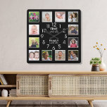 12 Photo Template Time With Family Quote Black Square Wall Clock<br><div class="desc">Custom photo clock with the inspiring family quote "Time spent with family is worth every second”. Personalize with 12 of your favourite family photos.</div>