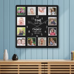 12 Photo Template Time With Family Quote Black Square Wall Clock<br><div class="desc">Custom photo clock with the inspiring family quote "Time spent with family is worth every second”. Personalize with 12 of your favourite family photos.</div>