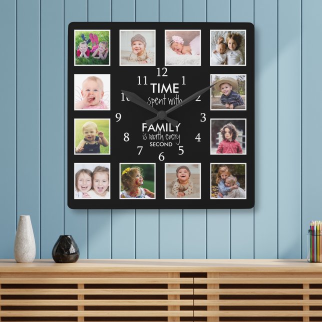 12 Photo Template Time With Family Quote Black Square Wall Clock (Creator Uploaded)