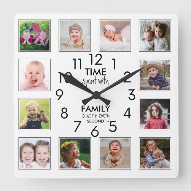 12 Photo Template Time With Family Quote White Square Wall Clock (Front)