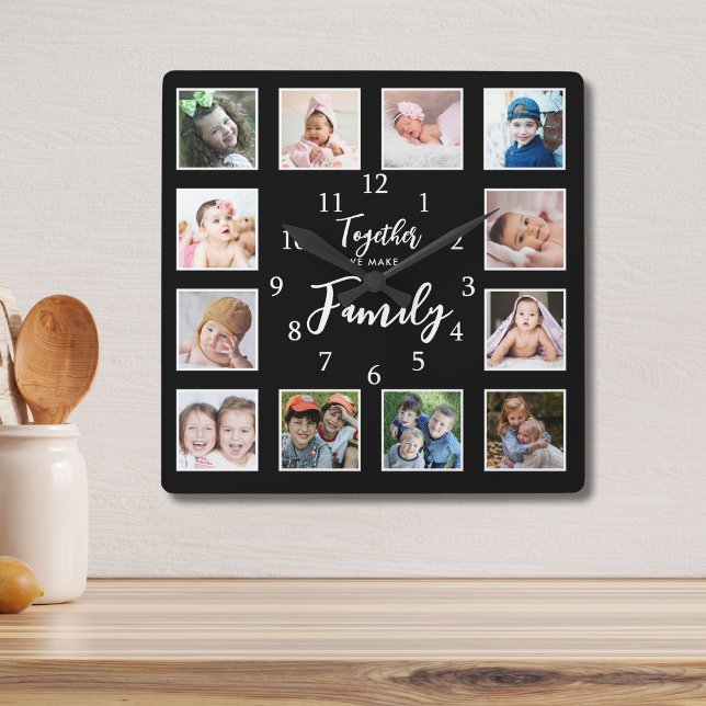 12 Photo Template Together Make Family Quote Black Square Wall Clock (Creator Uploaded)