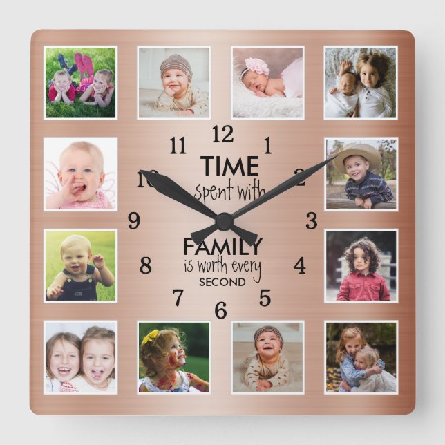 12 Photo Time Spent With Family Quote Copper Square Wall Clock (Front)