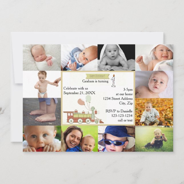 12 Photos Birthday Train Red - Birthday Invitation (Front)