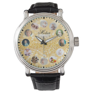 12 Photos collage Golden style Clock Watch