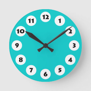 12 Spots - Black with White on Turquoise Round Clock
