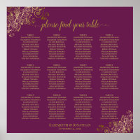 12 Table Cassis Purple Wedding Seating Chart Gold