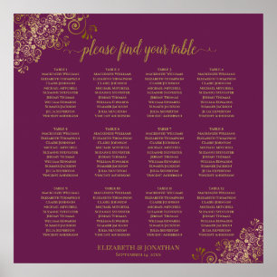 12 Table Cassis Purple Wedding Seating Chart Gold
