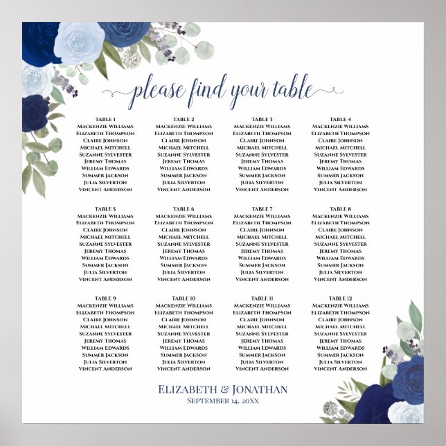 12 Table Elegant Blue Roses Wedding Seating Chart (Front)