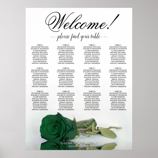 12 Table Elegant Emerald Green Rose Seating Chart (Front)