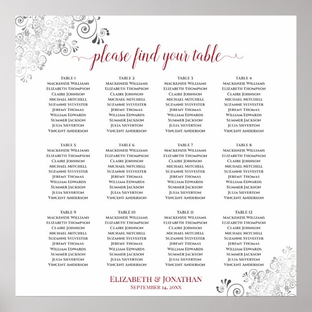 12 Table Frilly Red & White Wedding Seating Chart (Front)
