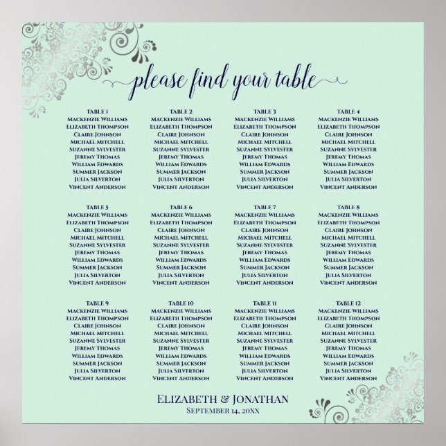 12 Table Mint Green & Navy Wedding Seating Chart (Front)