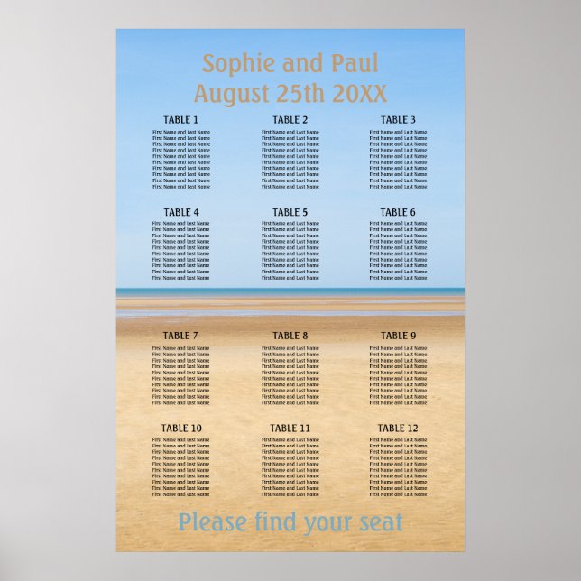 12 Table Plage Mariage Tableau de siège (Devant)