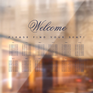 12 Table Seating Chart Blue Script Transparent  Window Cling