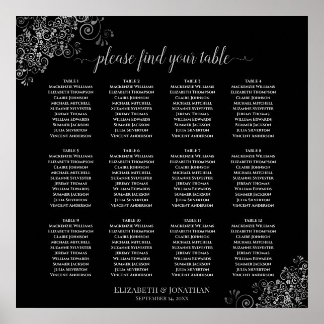 12 Table Silver Frills Black Wedding Seating Chart (Front)