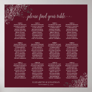 12 Table Silver on Burgundy Wedding Seating Chart