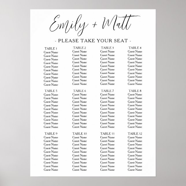 12 Table Simple Modern Wedding Seating Chart (Front)