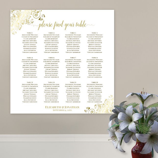 12 Table White Wedding Seating Chart Gold Frills (In Situ on Wall with Flowers)