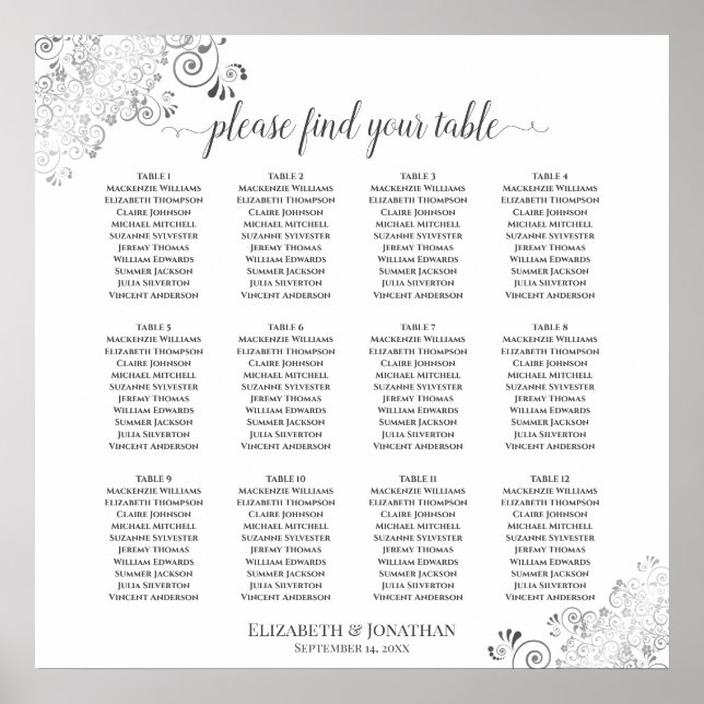 12 Tableau Blanc Mariage Sièges Diagrammes Argent (Devant)