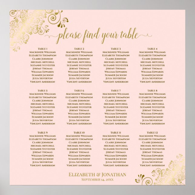12 Tableau Blush Pink & Gold Mariage Seating Chart (Devant)