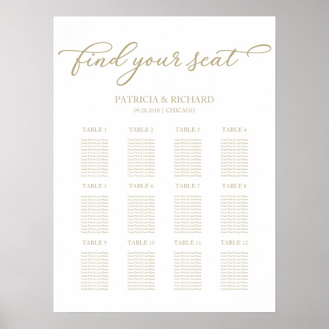12 Tables Mariage Plan de siège Poster Chic Script (Devant)