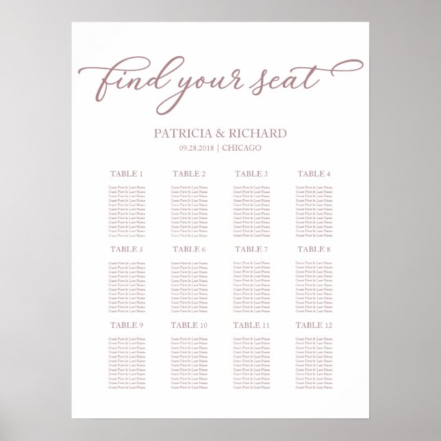 12 Tables Mariage Plan de siège Poster Chic Script (Devant)