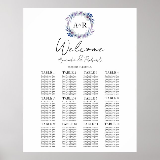 12 Tables Monogram Wedding Seating Chart Board (Front)