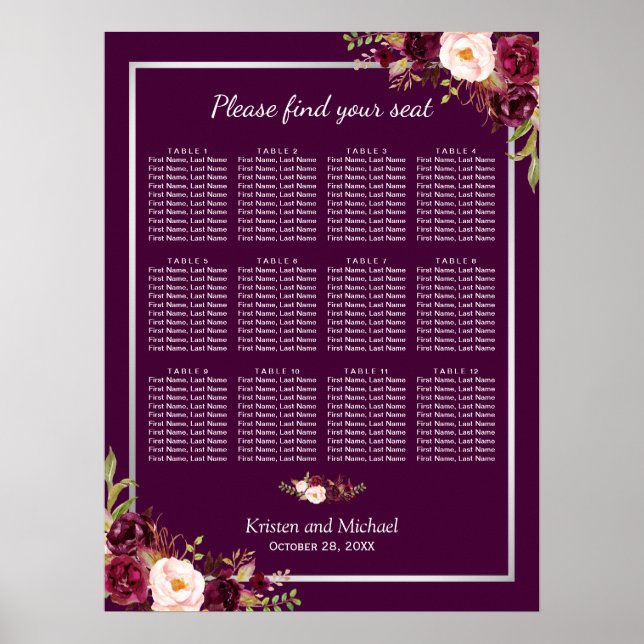 12 Tables Plum Purple Floral Mariage Tableau de si (Devant)