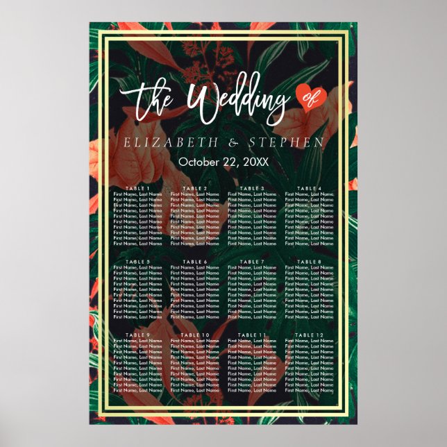 12 Tables Seating Chart Tropical Floral Gold Frame (Front)