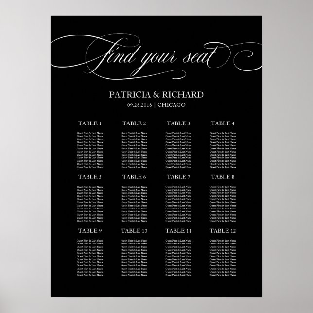 12 Tables Wedding Seating Plan Board Black Poster (Front)