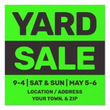 12 X 12 Neon Green Yard Sale Sign With Stake