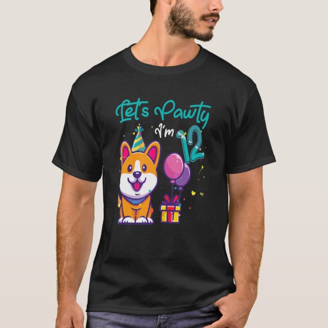 12 Years Old Corgi Dog 12th Birthday Let's Party T-Shirt (Front)