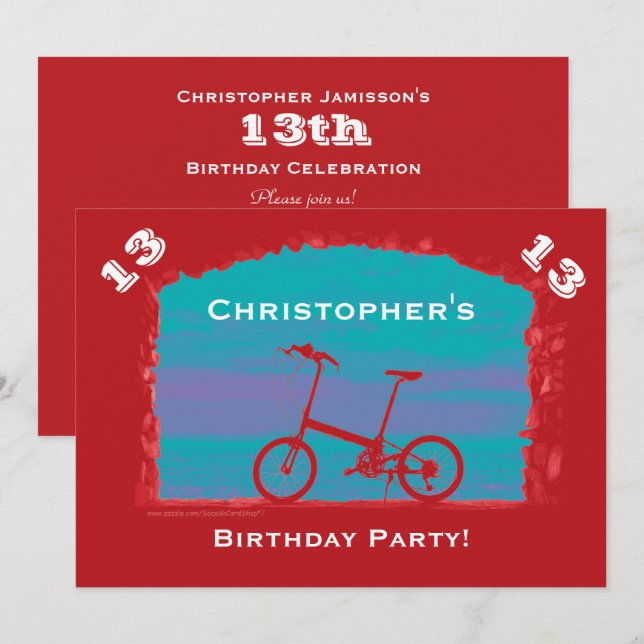 12th, 13th, 14th Birthday Party, Red Bicycle Invitation (Front/Back)