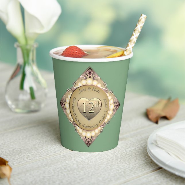 12th/30th Pearl & Green Wedding Anniversary  Paper Cups (Insitu)