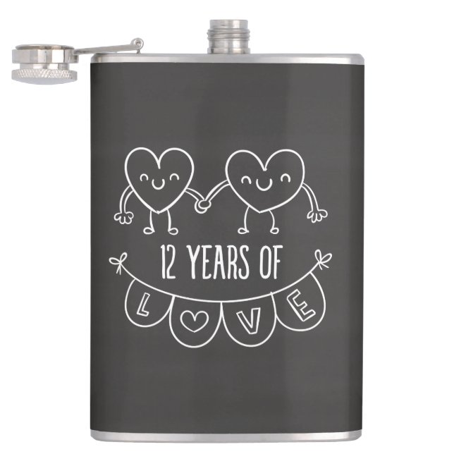 12th Anniversary Gift Chalk Hearts Hip Flask (Opened)