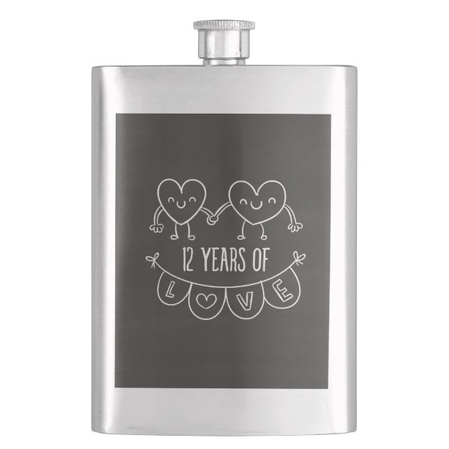 12th Anniversary Gift Chalk Hearts Hip Flask (Front)