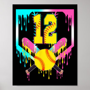 12th Bday Softll Home Plate Drip Ice Cream 12 Year Poster