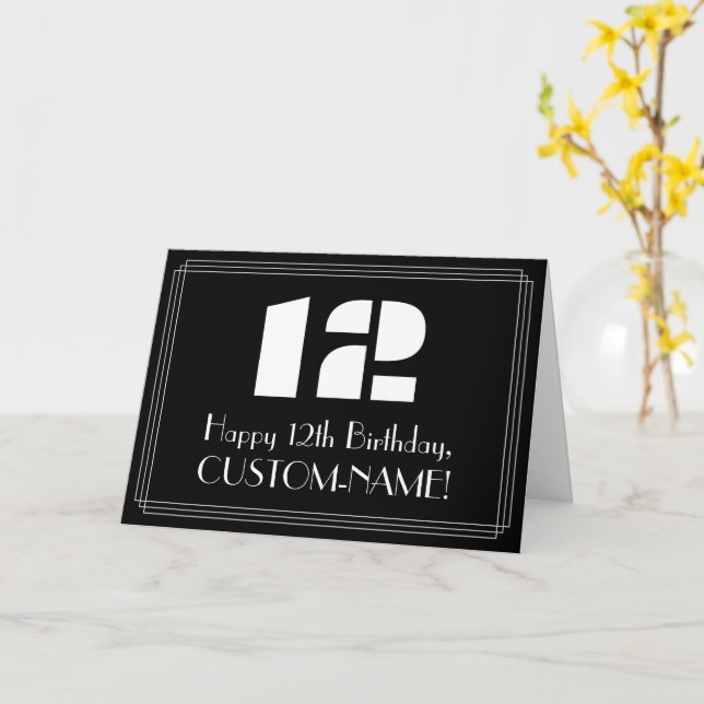 12th Birthday: Art Deco Inspired Look "12" & Name Card (Yellow Flower)