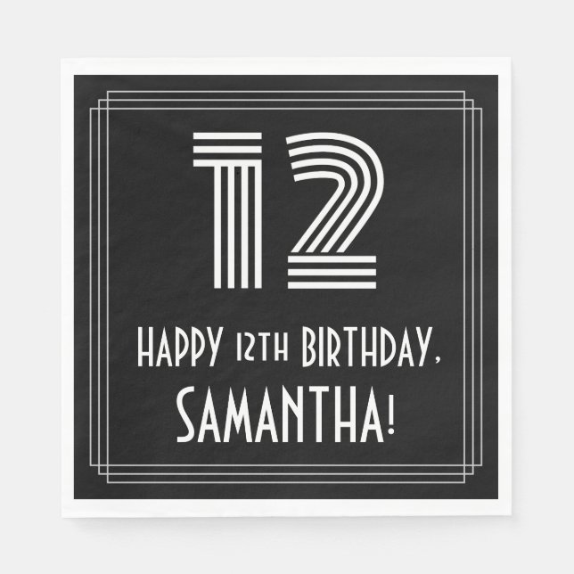 12th Birthday: Art Deco Inspired Look "12" + Name Napkin (Front)