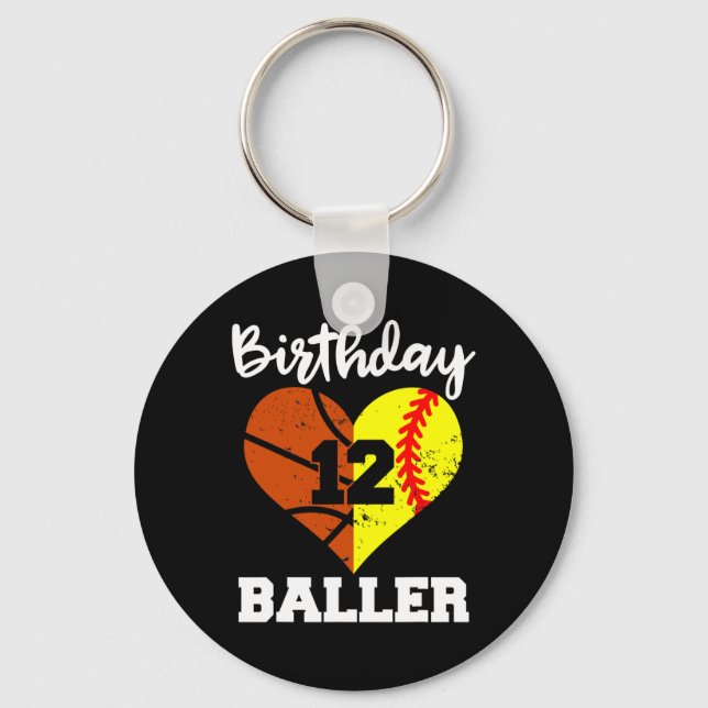 12th Birthday Baller Fun 12 Year Old Softball Bask Keychain (Front)