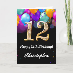 12th Birthday Black and Gold Colourful Balloons Card